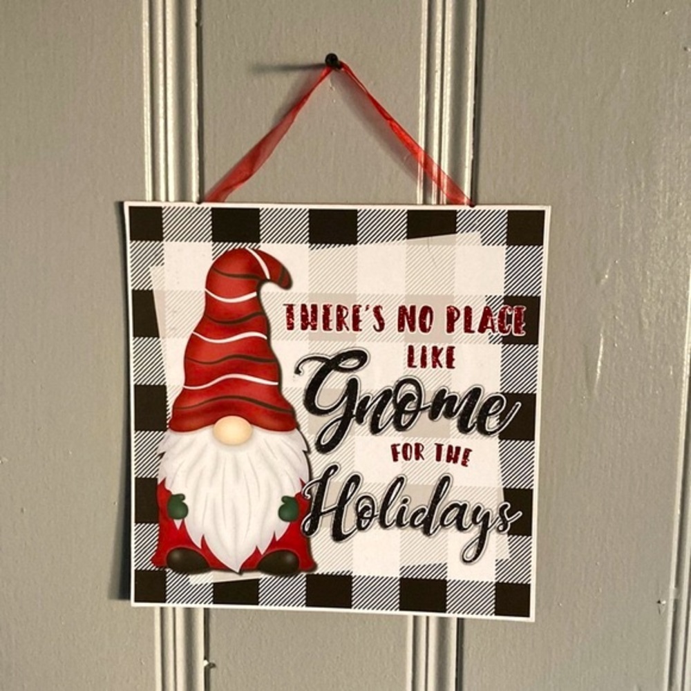 NWT There’s Gnome Place Like Home For the Holidays Glittered Buffalo Check Sign